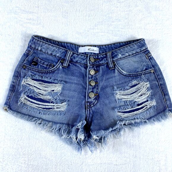 Kancan Denim Shorts Women Sz XS Cut-Off‎ Distressed Exposed Button Fly - Picture 2 of 13